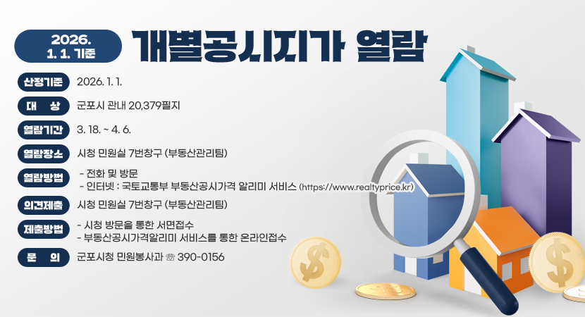 2026. 1. 1. 기준 개별공시지가 열람
○ 산정기준 : 2026. 1. 1.
○ 대상  : 군포시 관내 20,379필지
○ 열람기간 : 3. 18. ~ 4. 6.
○ 열람장소 : 시청 민원실 7번창구 (부동산관리팀)
 ○ 열람방법  : 전화 및 방문 / 인터넷 : 국토교통부 부동산공시가격 알리미 서비스 (https://www.realtyprice.kr)  
○ 의견제출 : 3. 21. ~ 4. 9. 
○ 제출방법 : 시청 방문을 통한 서면접수 / 부동산공시가격알리미 서비스를 통한 온라인접수
○ 문의  : 군포시청 민원봉사과 ☏ 390-0156