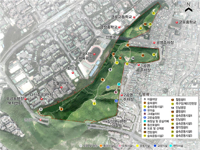 당동근린공원 조성 조감도 - 군포고등학교, 금정마당, 당동지하차도, 숲속쉼터, 모험의 숲, 인공폭포, 참살이마당, 생태학습원, 향기원, 금당터널, 한세대 방향, 명상의숲, 테마정원, 어울마당, 숲 복원 으로 구성되어있다.