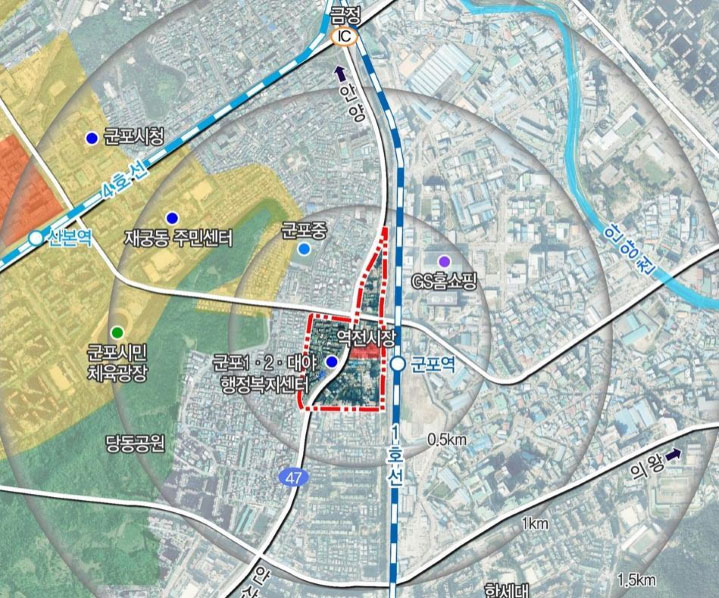 군포역세권 도시재생활성화 사업 위치도 - 역전시장, 군포 1,2,대야 행정복지센터 포함한 지역